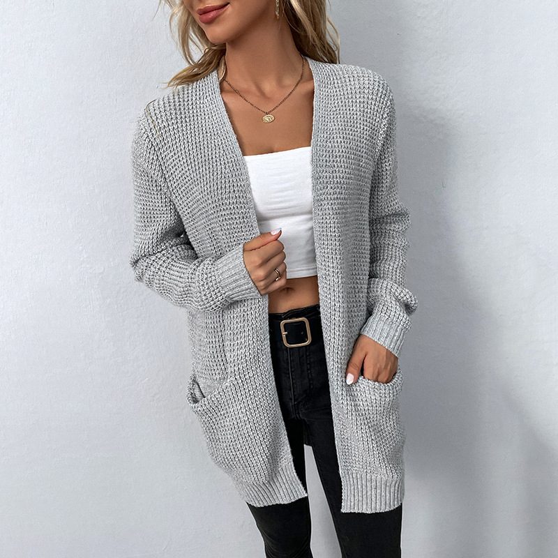 Mao Mao Yu 2023 Autumn and Winter New European and American Cross-border Women's Knitted Sweater Solid Color Pocket Sweater Women's Cardigan Jacket