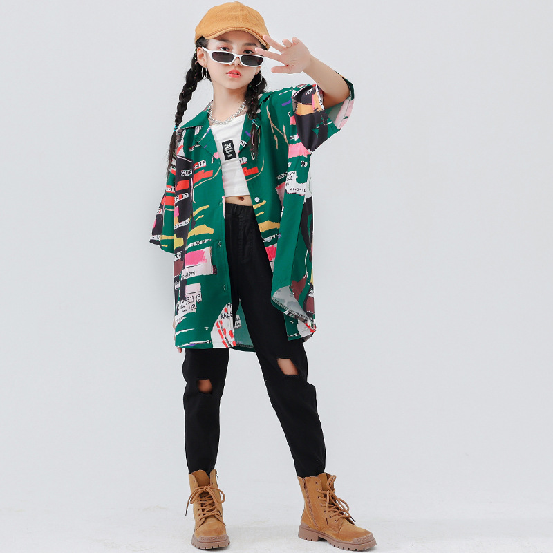 兒童街舞潮服女童嘻哈hiphop復古襯衫套裝男童架子鼓表演出服夏季