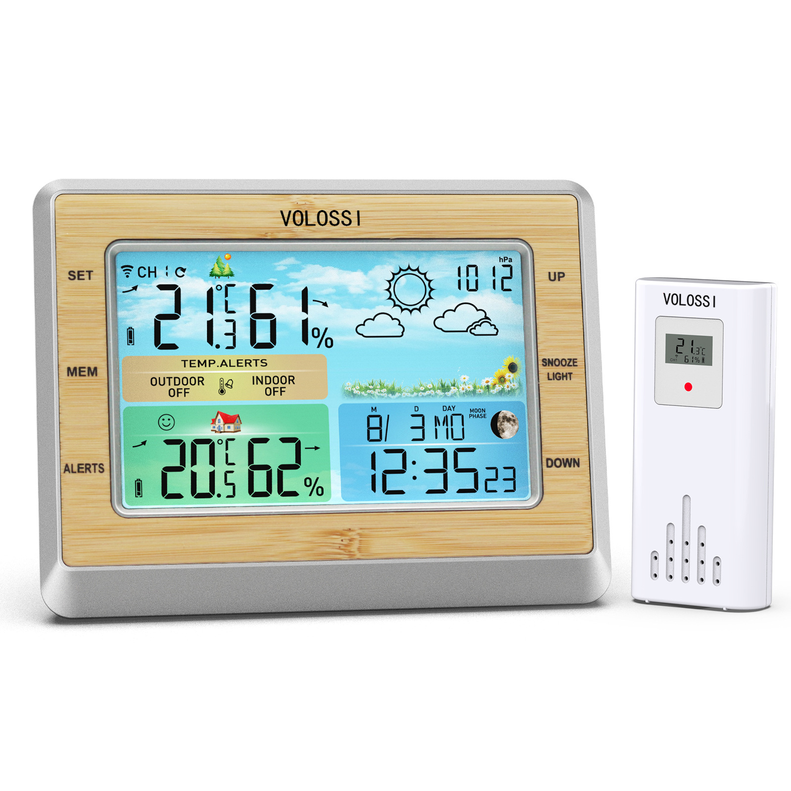 2021 new color screen weather station calendar clock bamboo surface multifunctional electronic alarm clock RF wireless weather forecast clock