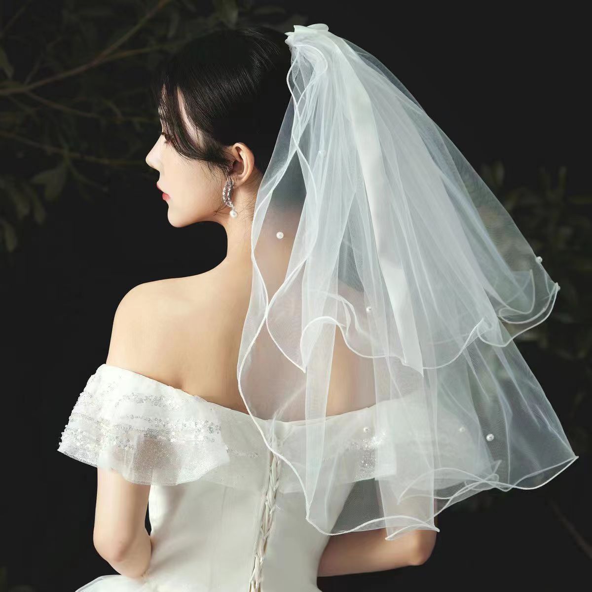 Veil Double-layer Pearl Female Mori Photo Bride Proposes Marriage Master Veil License Registration White French Small Veil