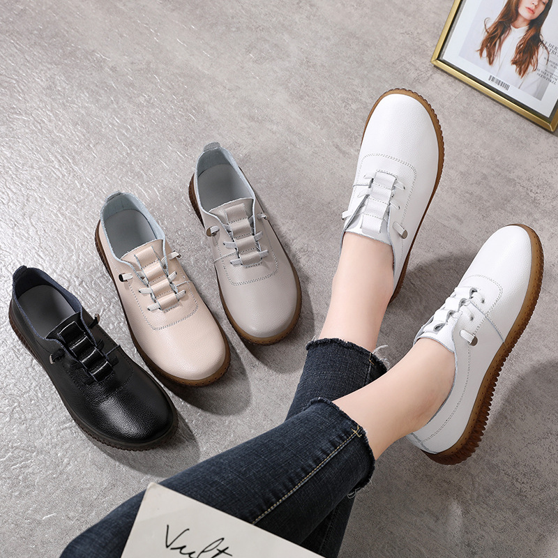 Women's white shoes with tendon sole cowhide comfortable soft bottom flat shoes for pregnant women fleece-lined casual women's casual shoes