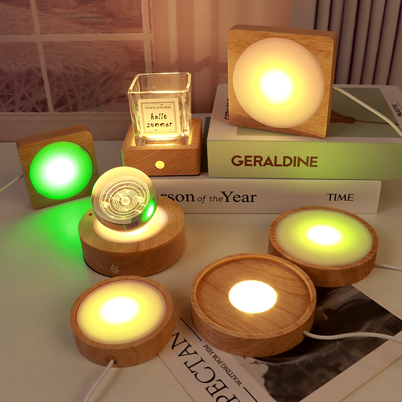 Round crystal ball diffuser night light base solid wood square LED light base aromatherapy luminous base