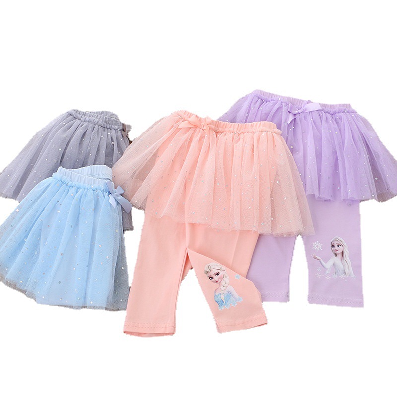 2024 children's clothing summer new girls' cropped culottes leggings outer wear fake two-piece mesh ins one-piece delivery