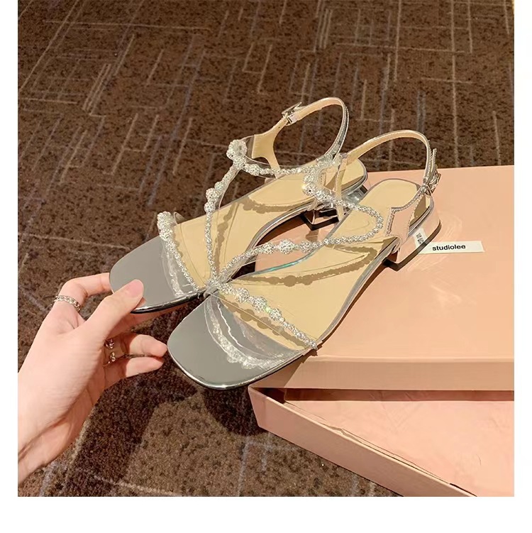 Grape Mom Same Style 2023 Summer New Korean Style Square Head Flash Diamond One-character High Heel Women's Shoes Thick Heel Sandals