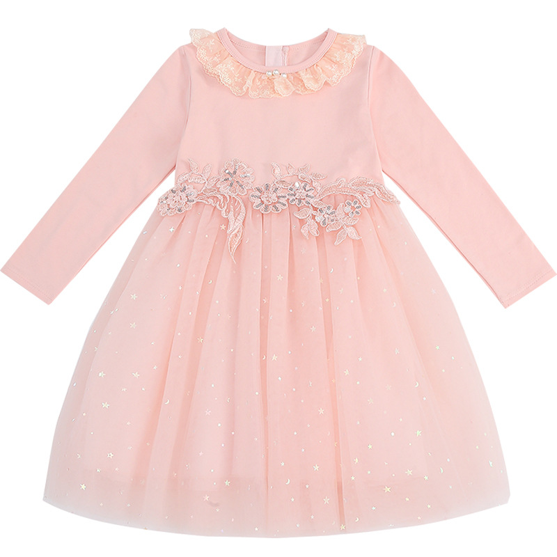 Children's New Girls' Dress Spring 2023 Girl's Western Style Lace Pearl Princess Dress Sweet Sequin Mesh Dress