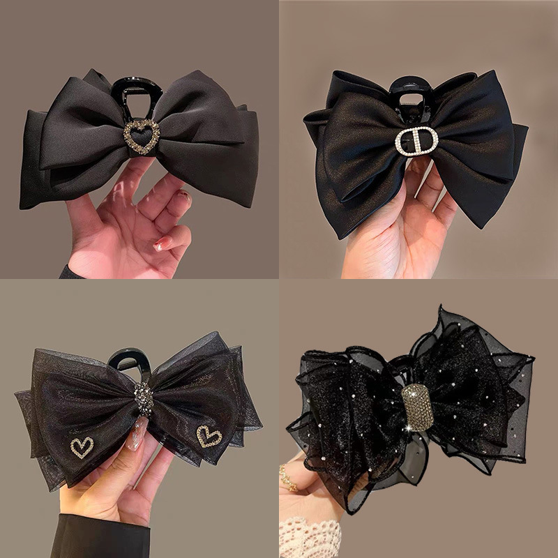 High-grade Satin Large Black Bow Shark Clip Headwear Square Diamond Back Hair Clip Women's Hair Clip