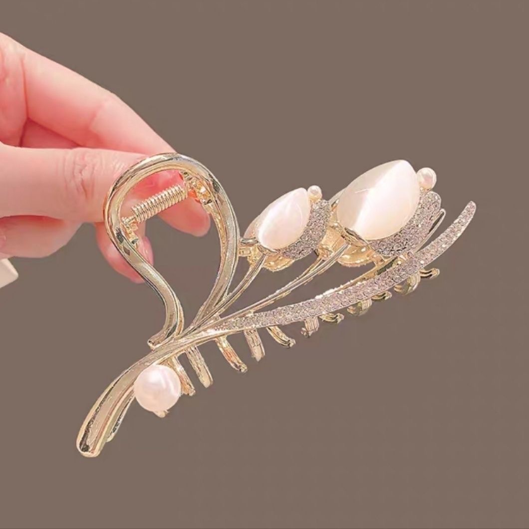 New Cat's Eye Stone Tulip Grab Clip Elegant Elegant Shark Clip High-class One-word Back of Head Large Hair Clip_voghion.com