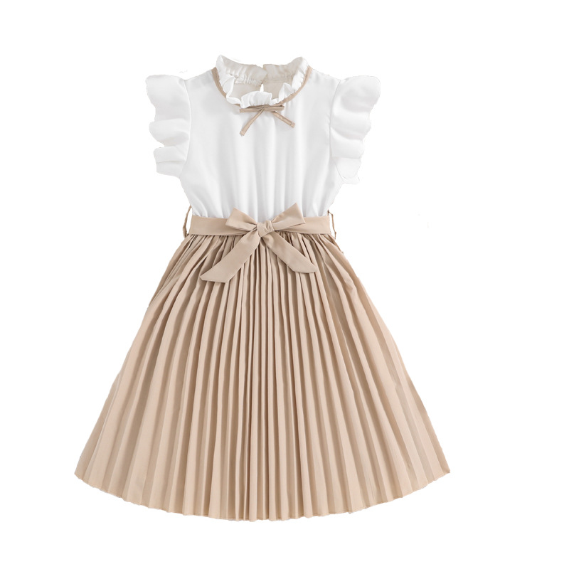 Girls dress European and American children's clothing 2025 summer new style flying sleeve color matching pleated children's princess skirt wholesale