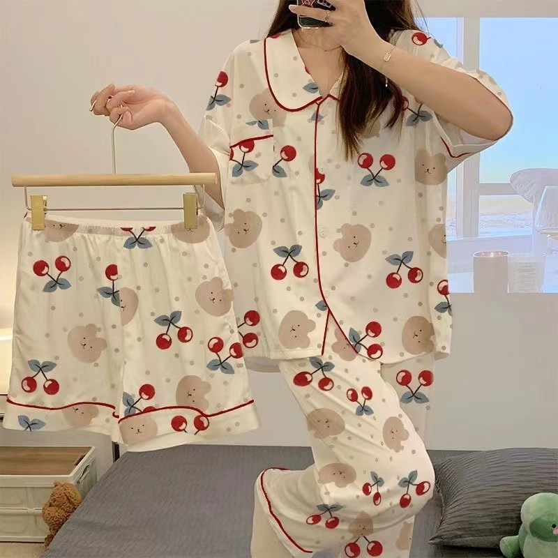 Summer New Three-piece Cardigan Pajamas Women's Short-sleeved Spring and Autumn Thin Cute Cartoon Summer Home Suit