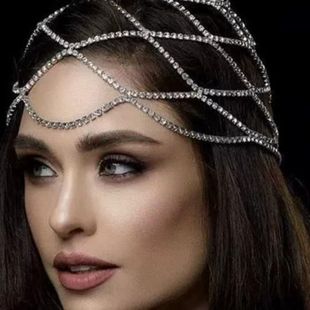 European and American Cross-border Bride Wedding Rhinestone Accessories Tassel Mesh Headwear Hair Band Show