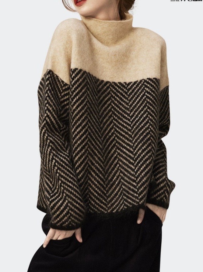 French design sense niche pullover popular sweater turtleneck loose all-match striped lazy style thickened sweater for women
