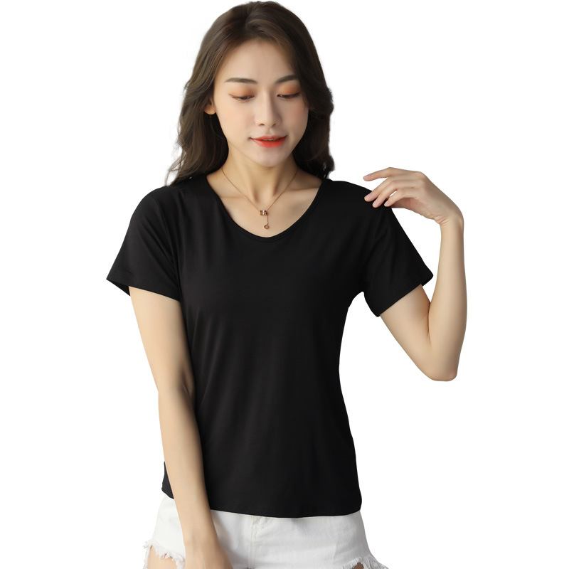 Modal Short-sleeved White Mask T-shirt Women's Summer V-neck 2023 New Large Size Low Collar Loose Base Shirt Top