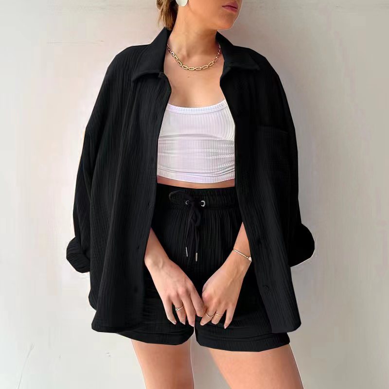 2023  European and American Women's Wrinkled Lapel Long Sleeve Shirt High Waist Drawstring Shorts Fashion Casual Two-Piece Set_voghion.com