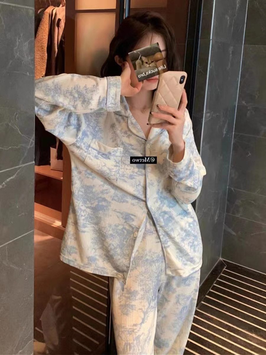 Pajamas Women's Spring and Autumn Long-sleeved Cute Simple Home Clothes High-end 2023 New Outfit Large Size Suit