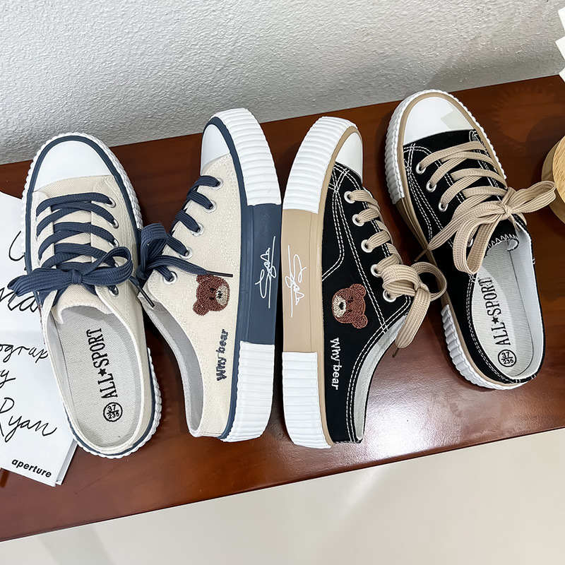 Bear Canvas Shoes Women's 2023 Summer New Low-top Casual Sneakers Flat Trendy Slippers All-match Half Slippers