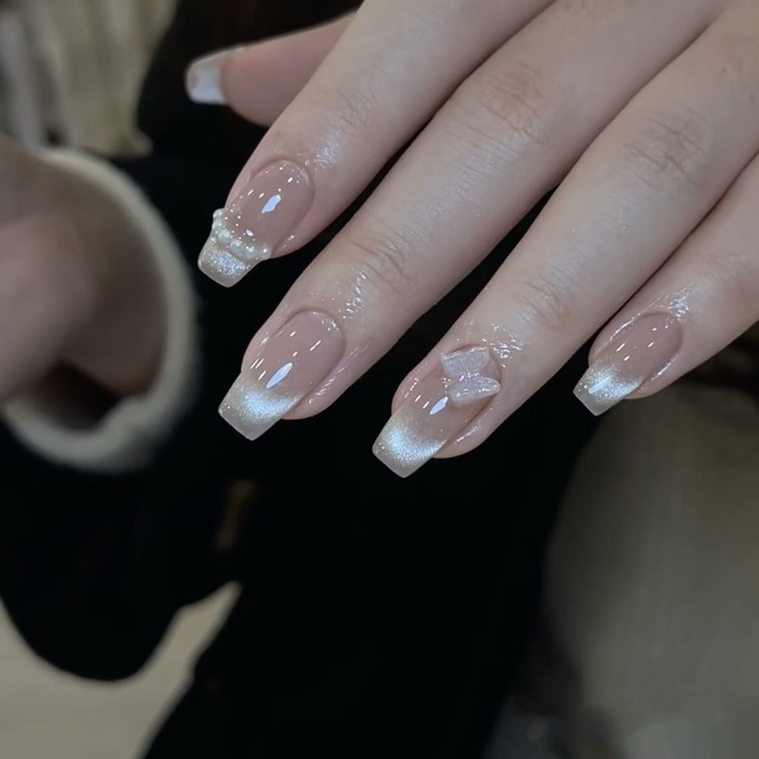 Ice pink smile cat eye detachable wear nail dream butterfly handmade spar cat eye finished fake nail patch