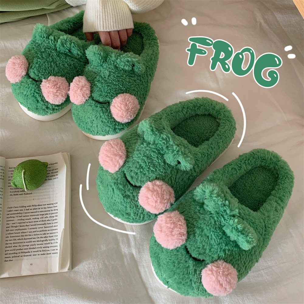 Cute Cartoon Little Frog Baotou Cotton Slippers Winter Casual Home Bedroom Warm Moon Soft Slippers for Women