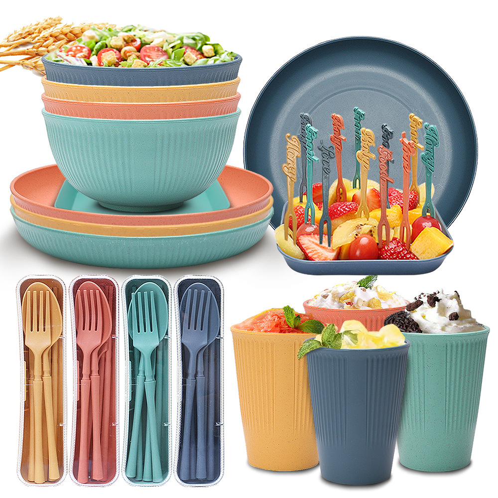 Amazon Wheat Straw Tableware Set Household Rice Bowl Plate Cup Student Portable Knife, Fork, Spoon and Chopsticks Gift