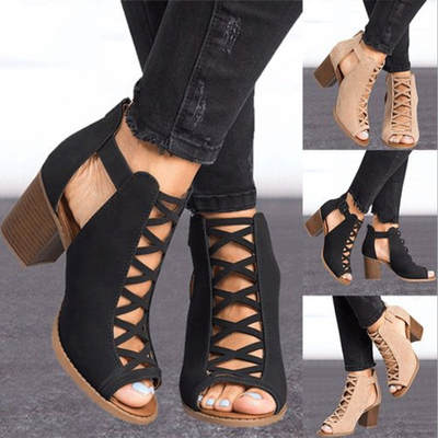 2023 spring new foreign trade plus size strap sandals women's chunky heel high heel back zipper buckle women's sandals