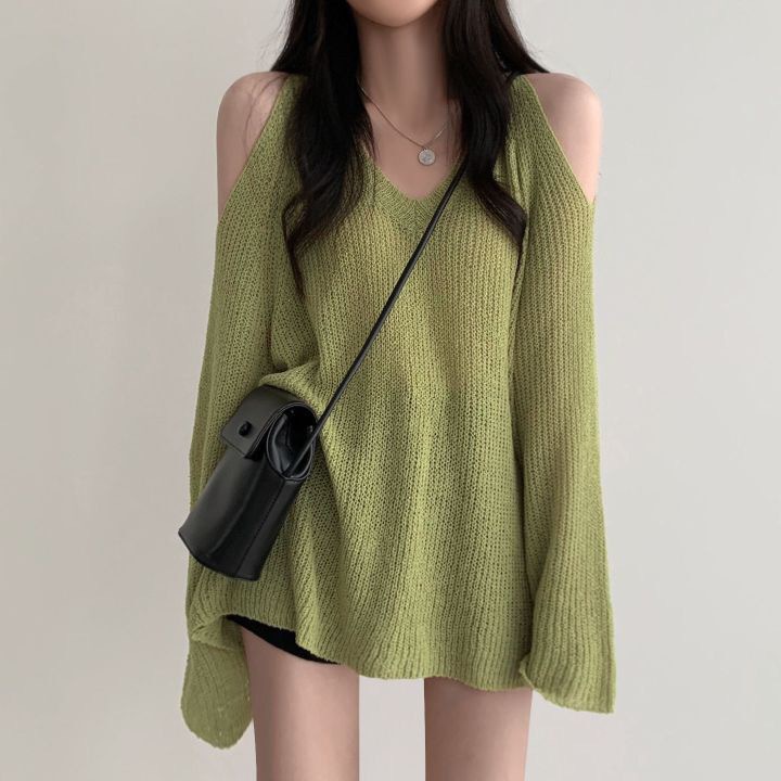 South Korea chic elegant V-neck off-shoulder loose lazy versatile casual sun protection solid color long sleeve sweater women's top_voghion.com