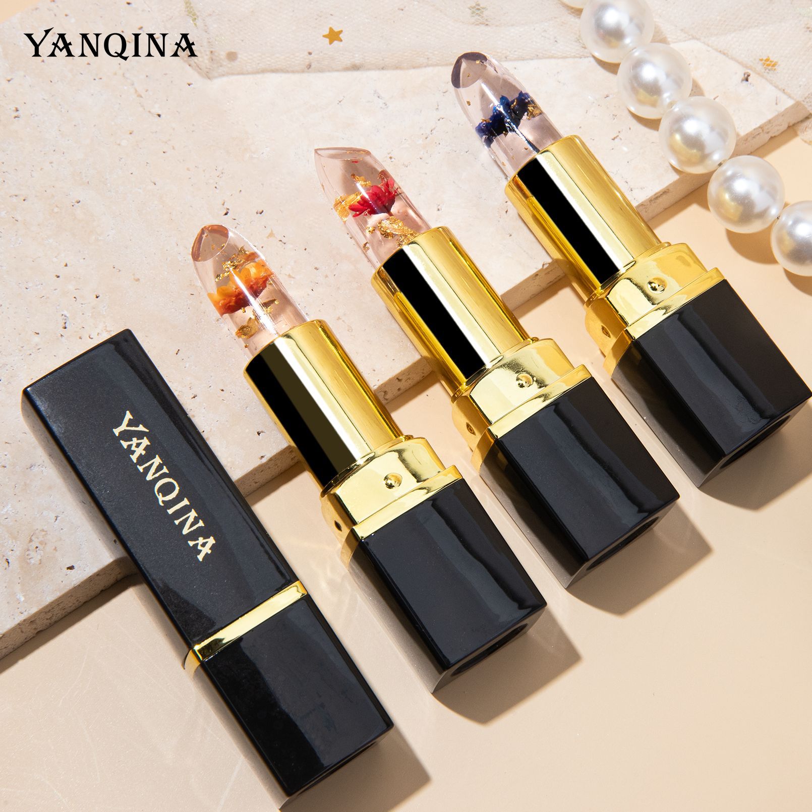 YANQINA flower jelly lipstick gold foil lipstick color change does not decolorize moisturizing waterproof non-stick cup lip mud makeup