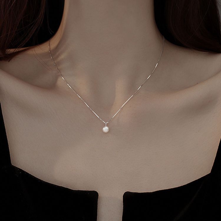 Silver 925 Sterling Silver Necklace Women's Single Natural Pearl Necklace Light Luxury Niche Light Luxury Box Chain Jewelry New Arrival
