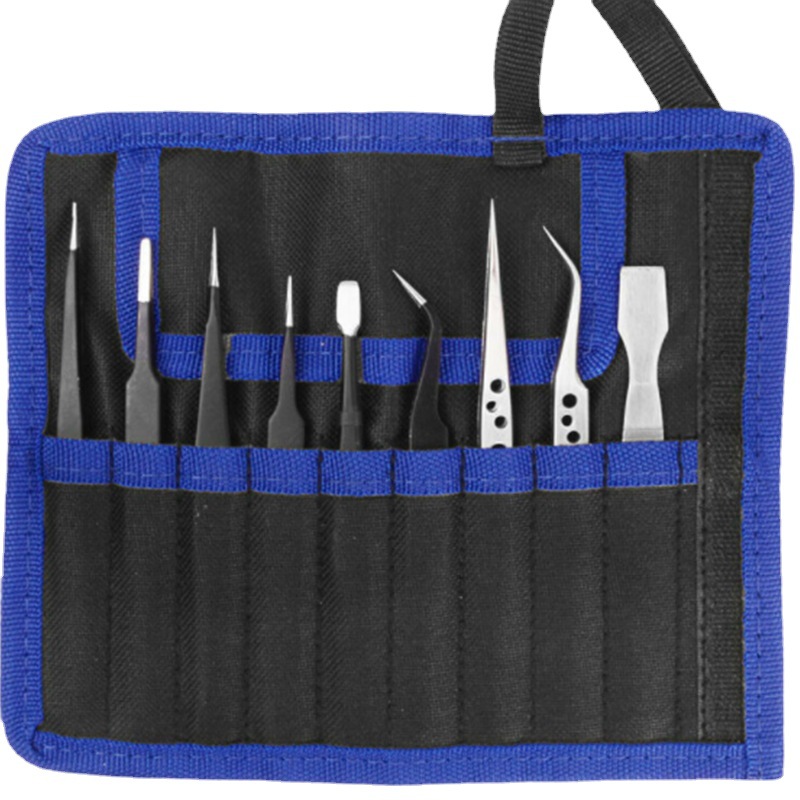 Canvas bag stainless steel 9 pieces suit tweezers pointed elbow tool Bird's Nest clip grafting eyelash tweezers