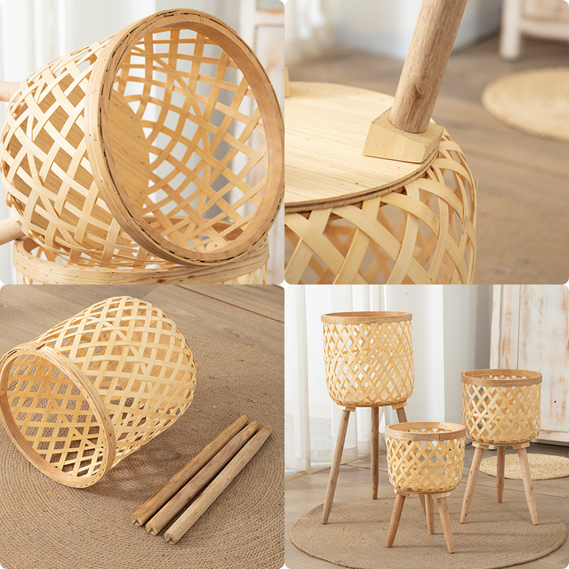 Nordic ins Style Living Room Plant Bamboo Flower Basket Decoration Turtle Bamboo Rattan Flower Pot Balcony Flower Rack Woven Basket