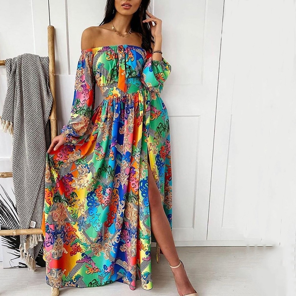2025 Cross-border Summer Evening Gown European and American Print Dress One-shoulder Hooded Retro Long Sleeve Large Swing Opening Split Long Dress