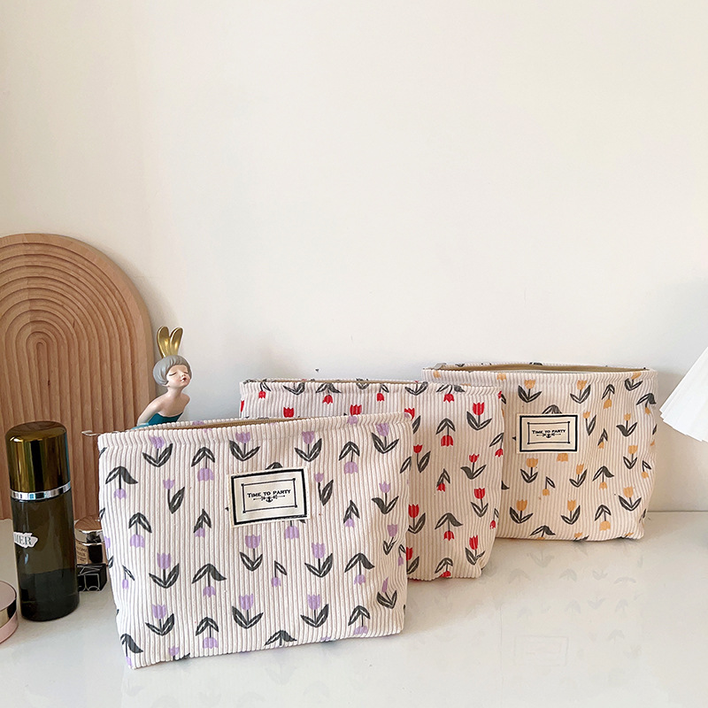 Corduroy Cosmetic Bag Women's New Mori Flower Clutch Bag Portable Travel Storage Bag Zipper Wash Bag