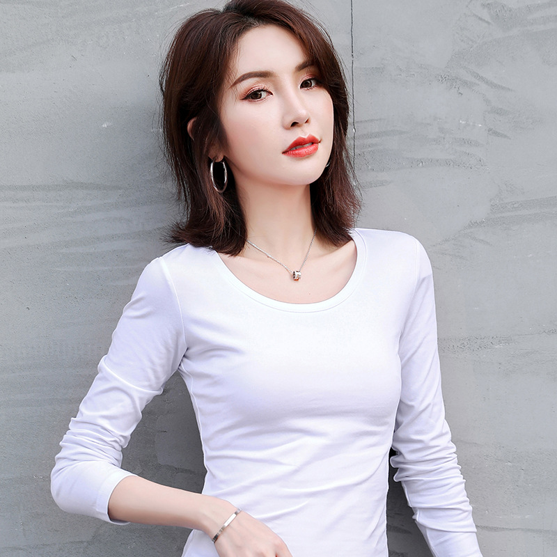 Round Neck Solid Color Long-Sleeved T-Shirt Women's Elastic Large Size New Women's Clothing Slim-Fit All-Match Top Thin Base-Layer Shirt for Women