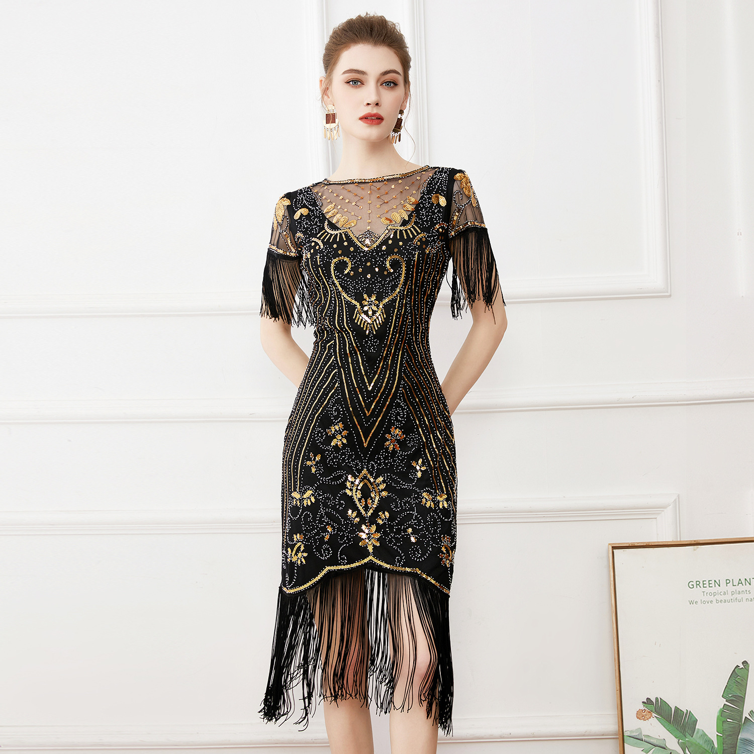 1920s Retro Dance Party Embroidered Tassel Dress Cocktail Party Plus Size Sequin Beaded Mesh Dress