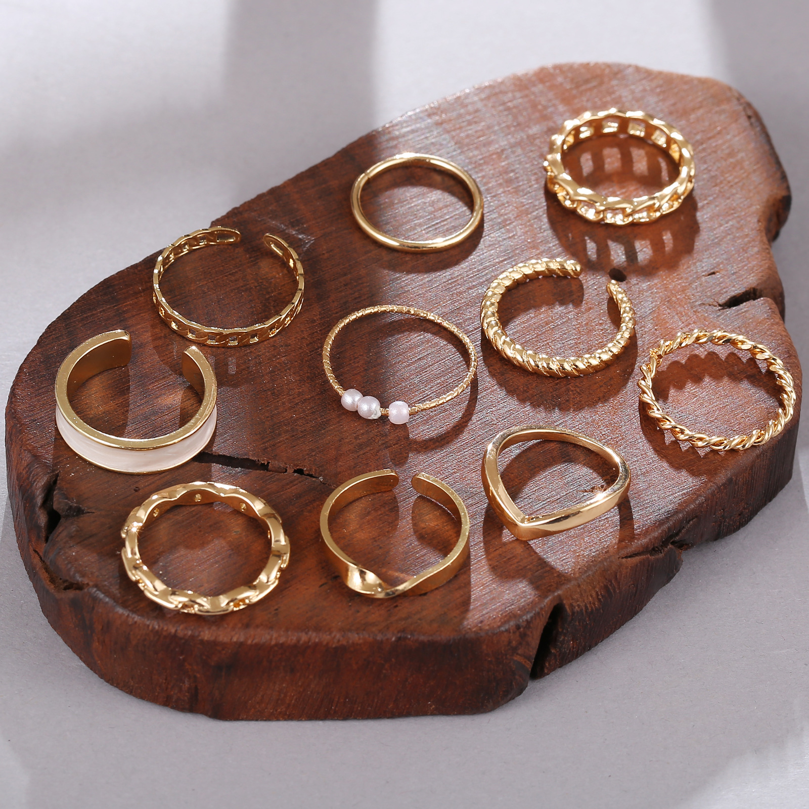 Kettenring kreativ retro ageleet Perlgelenkring wäisse Randring Set vun 10 Stéck_voghion.com