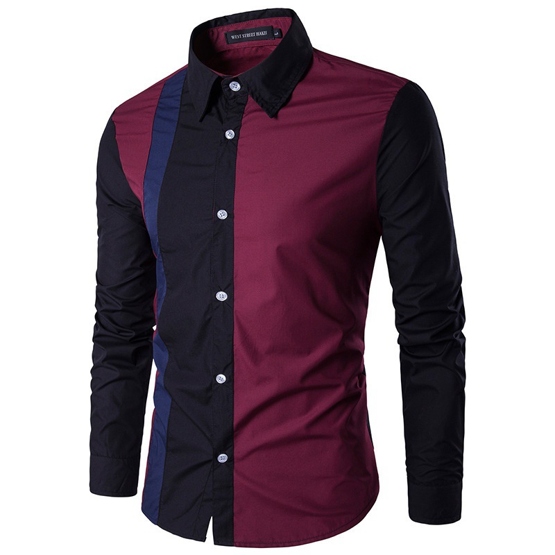 2024 New Foreign Trade Men's Fashion Stitching Shirt Spring and Autumn Long Sleeve Lapel Casual Slim Button Shirt