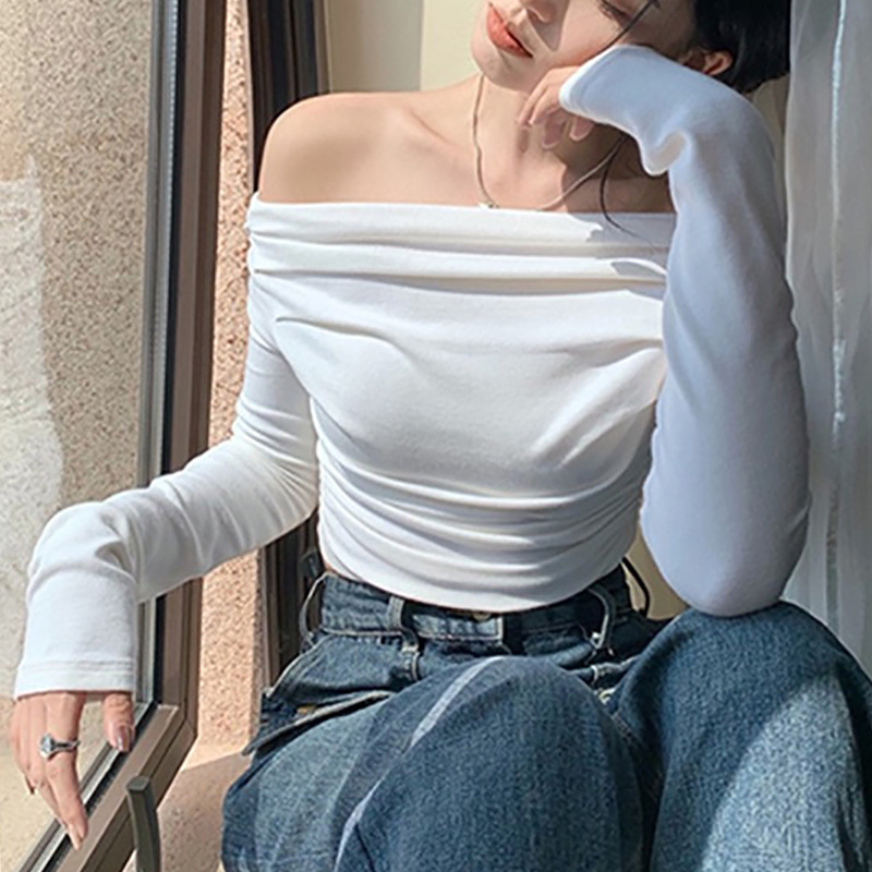 Spring and summer long-sleeved T-shirt women's slimming bottoming shirt lapel undershirt slim slimming irregular short top