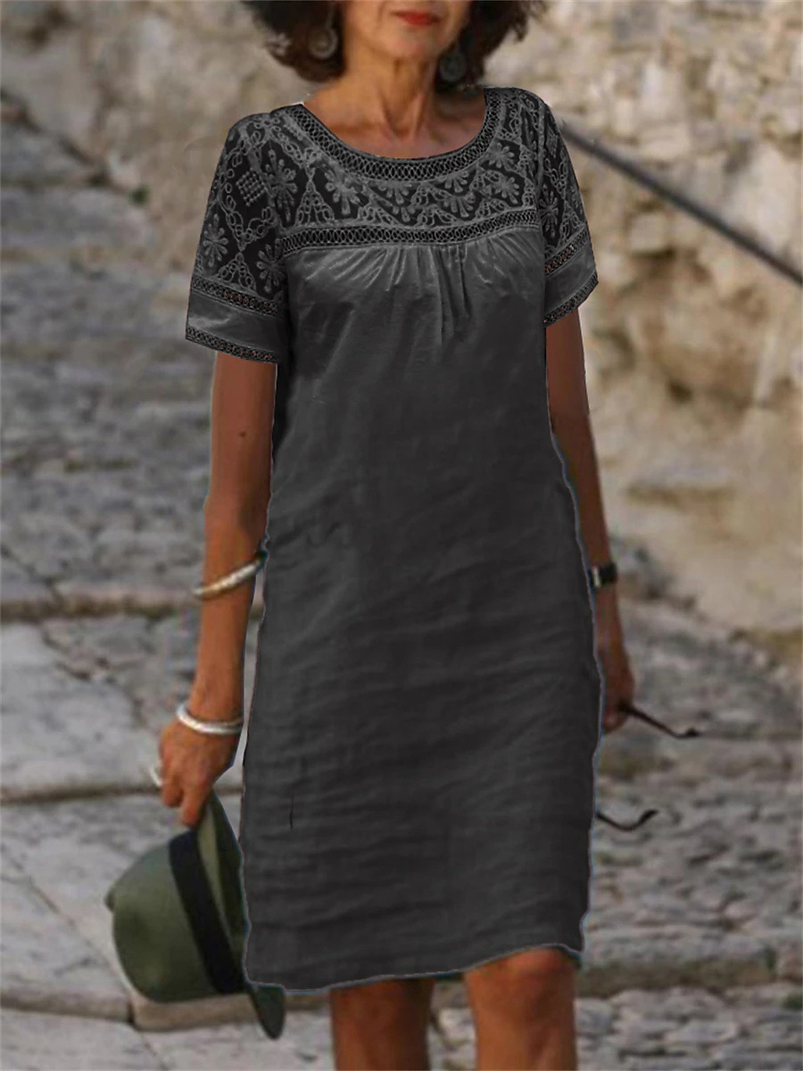 2023 Amazon independent station spring and summer new casual lace stitching round neck cotton linen solid color short sleeve dress