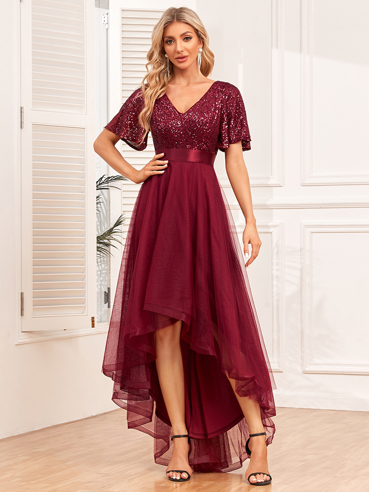 New elastic waist stitching elegant V-neck ruffles short sleeve evening dress swing word puffy tulle irregular maxi dress