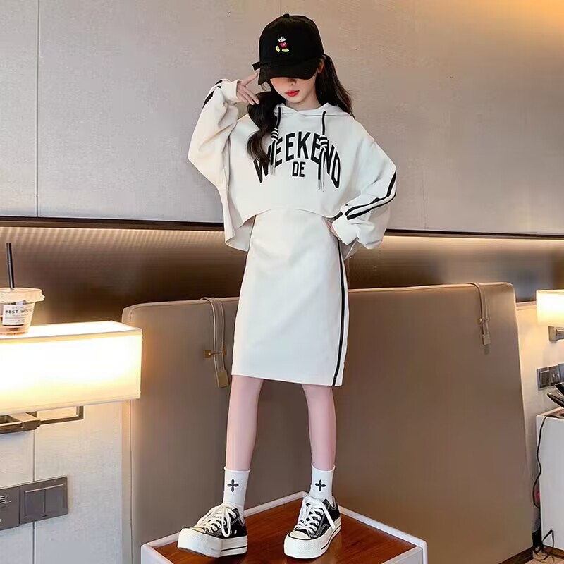 Girls' Spring Hooded Set Big Children's Dress Spring Girl's Korean Style Fashion Sweatshirt Vest Skirt Two-Piece Set