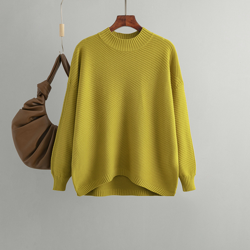 Autumn and Winter New Retro Loose Large Size Long Sleeve Top Solid Color Pullover Sweater Women's Half Turtleneck Sweater Base Shirt