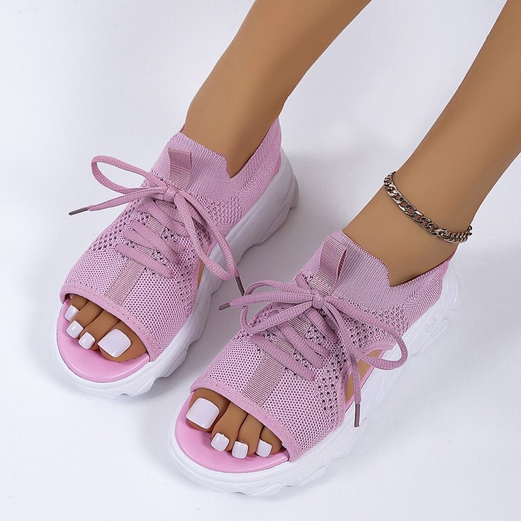 Large Size Sports Sandals Women's 2021 Summer New Thick-soled Fly-woven Soft-soled Casual Flat Hollow Fish-mouth Beach Sandals