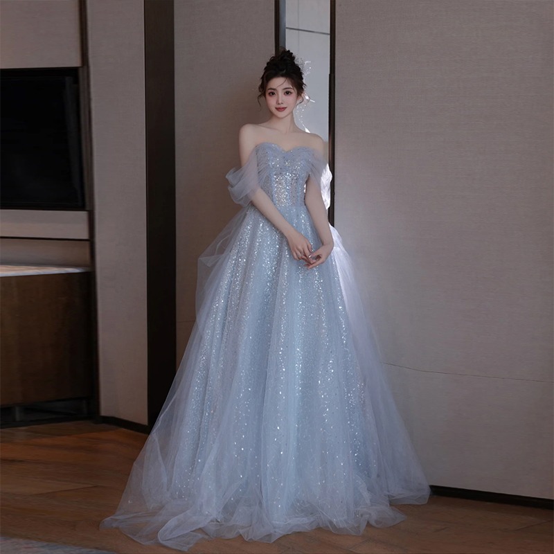 Evening Dress High-end Sense 2025 New Style Blue Banquet Elegant Light Luxury Vocal Art Test Host Gao Ding Birthday Dress