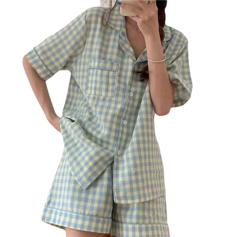 ins Fresh Pajamas Women's Summer Short-sleeved Shorts Korean Style Cardigan Large Size Korean Style Japanese Style Home Clothes Two-piece Suit