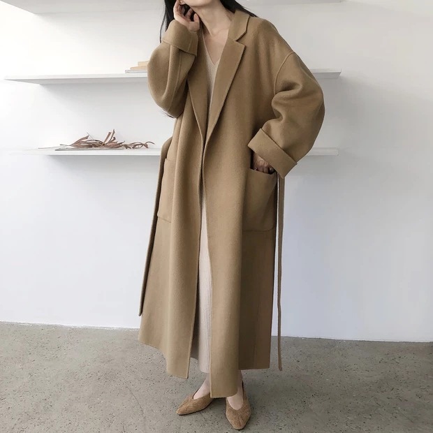 South Korea Dongdaemun 2023 autumn and winter New lace-up cashmere coat Women's Mid-length loose over-the-knee woolen coat_voghion.com