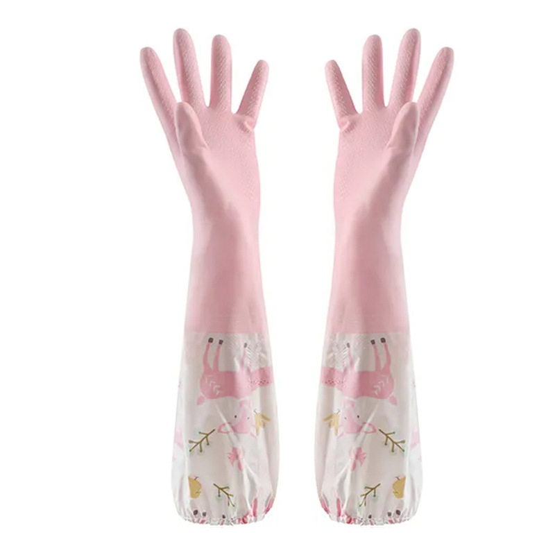 Kitchen household cleaning laundry rubber gloves women's lengthened waterproof durable beautiful single layer drawstring dishwashing gloves