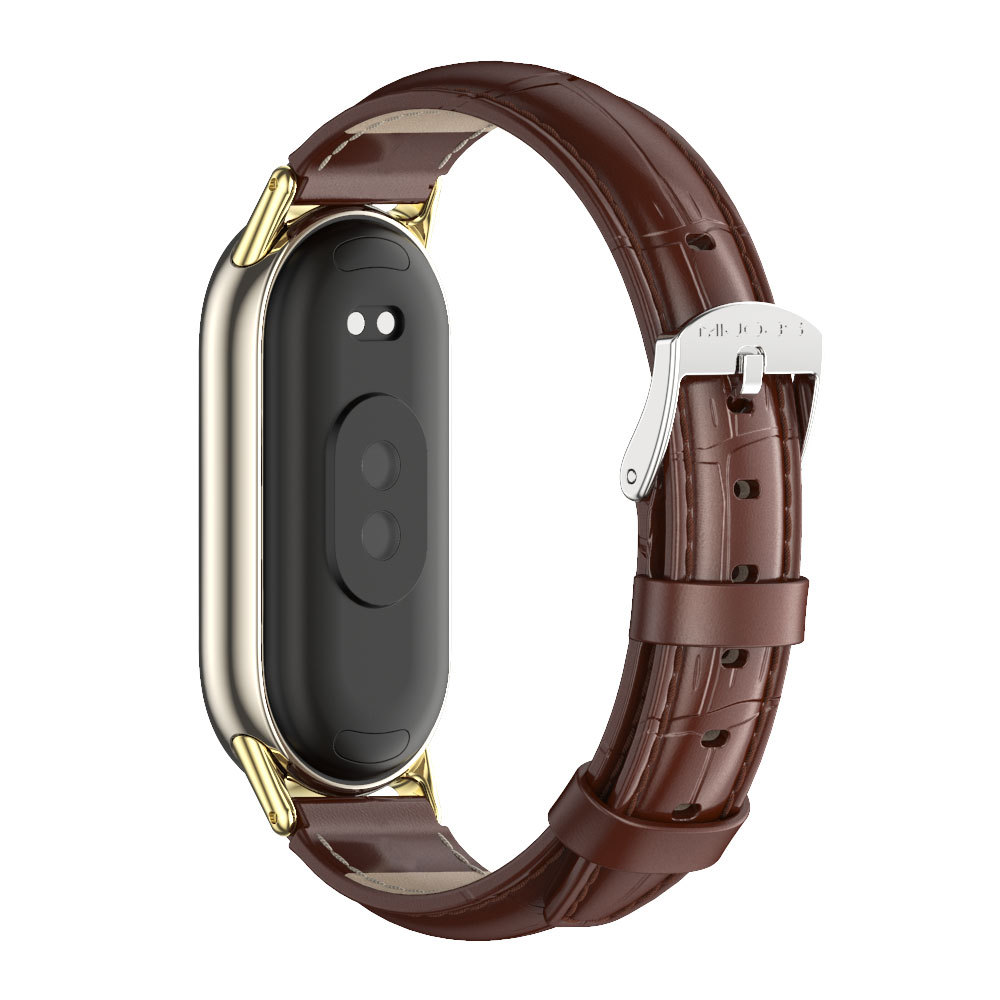 Mibbs Suitable for Mi Band 9 8 Double Ring Leather Wristband Head Layer Calf Leather Strap Thickened Bamboo Leather