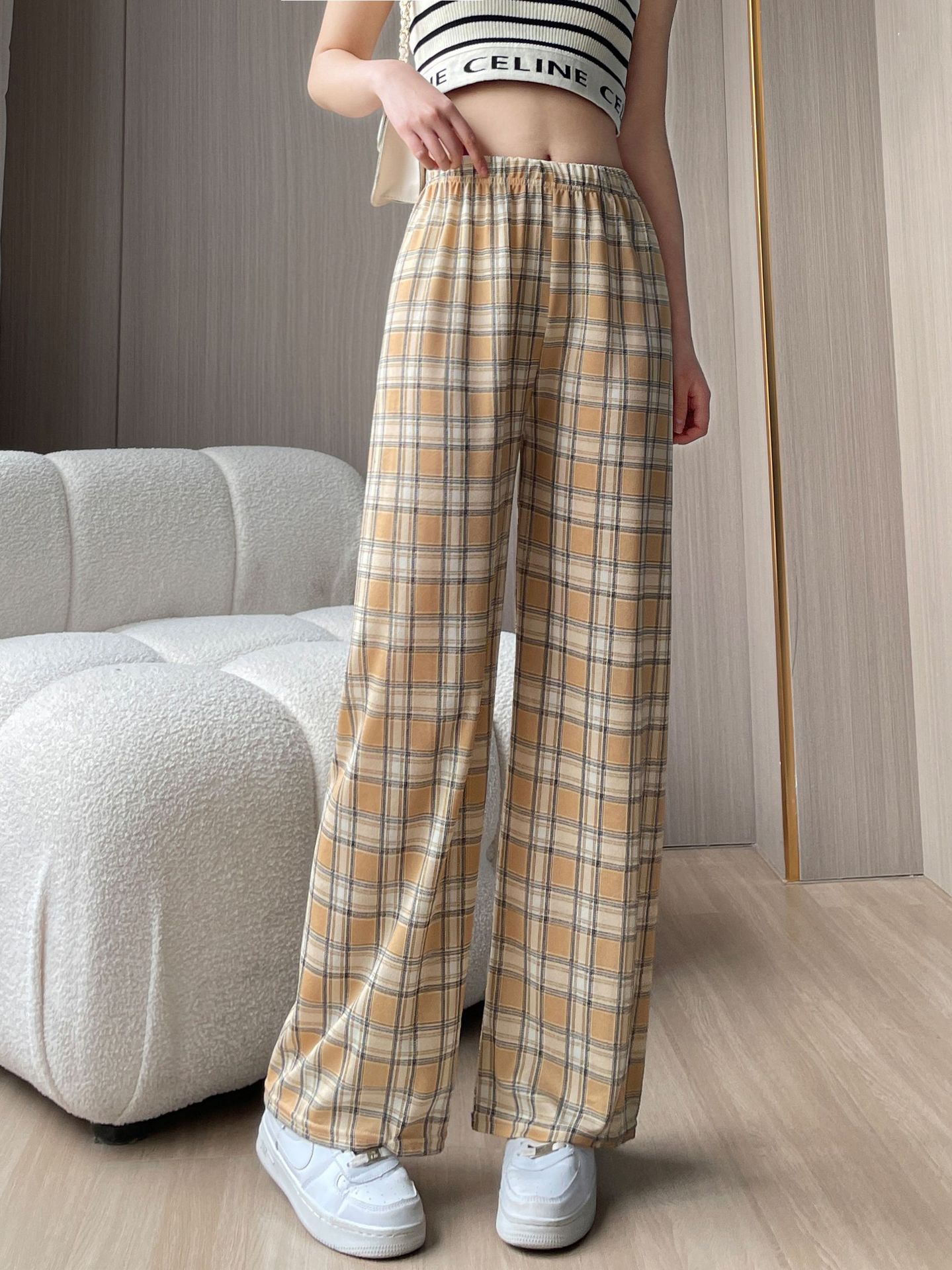 Plaid wide-leg pants spring and summer thin female students plus size versatile draping high waist slim slimming loose straight women's pants