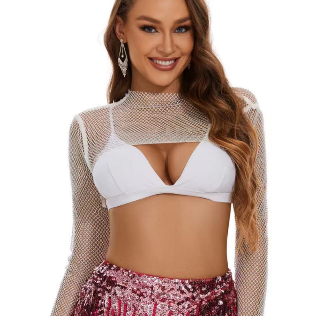 Internet celebrity hot rhinestone Western style short pullover long sleeve suspender skirt with small coat hot rhinestone fishing net top Amazon