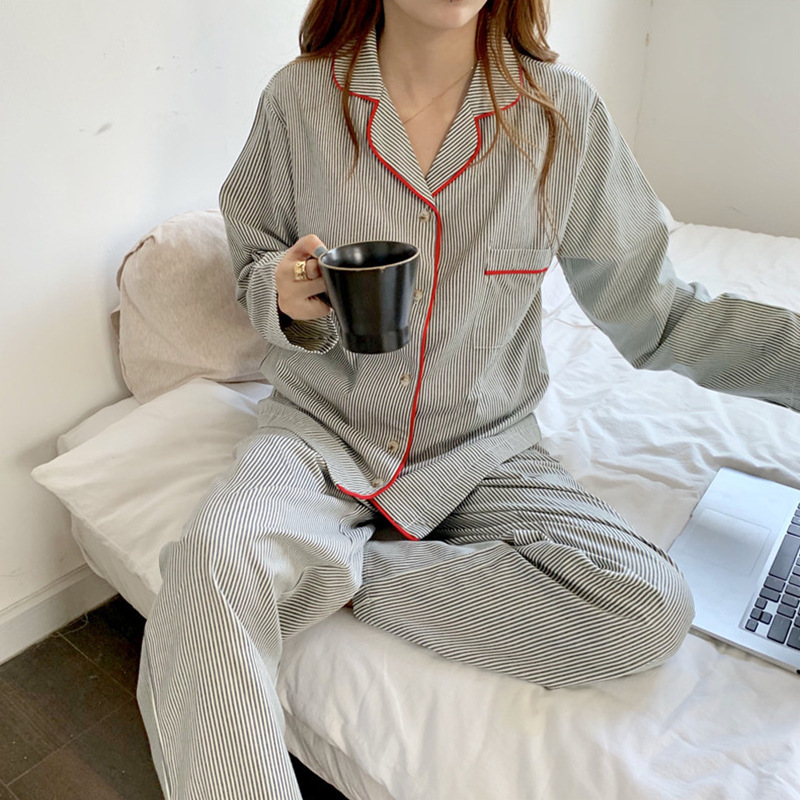 New ins pajamas women's simple striped net popular long sleeve cardigan girls Korean thin home clothes suit wholesale