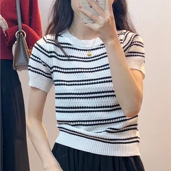 Short-sleeved Chanel Striped Sweater Women's Summer Thin 2023 New Design Slim-fit French Top