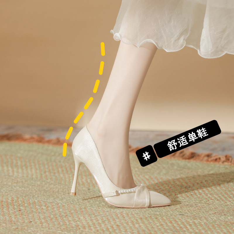 Xinzhilan New Pointed Stiletto Heel Satin Pearl Buckle Buckle All-match Commuter Daily Work Shoes High-heeled Shoes for Women